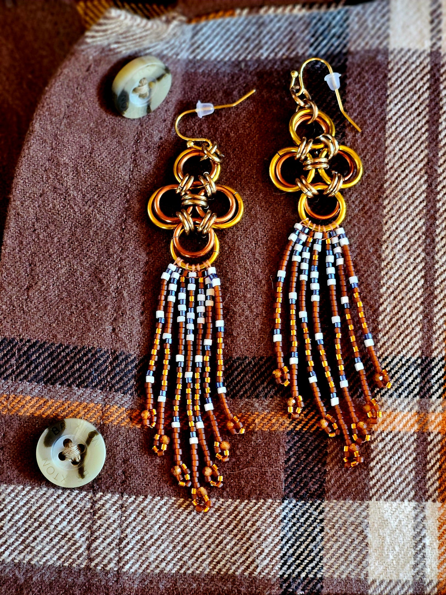 Handcrafted Bronze Japanese Cross Chain Maille Earrings