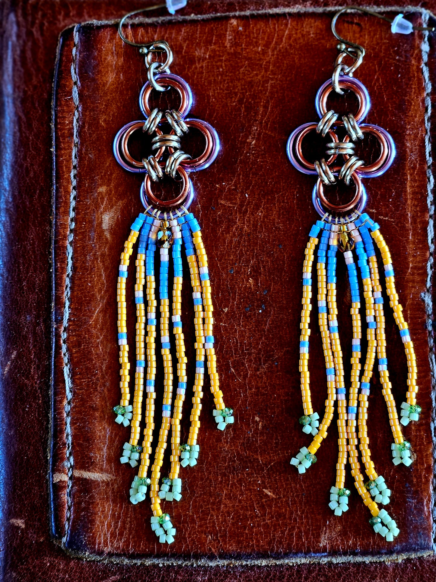 Orange - Japanese Cross Chain Maille and beaded earrings