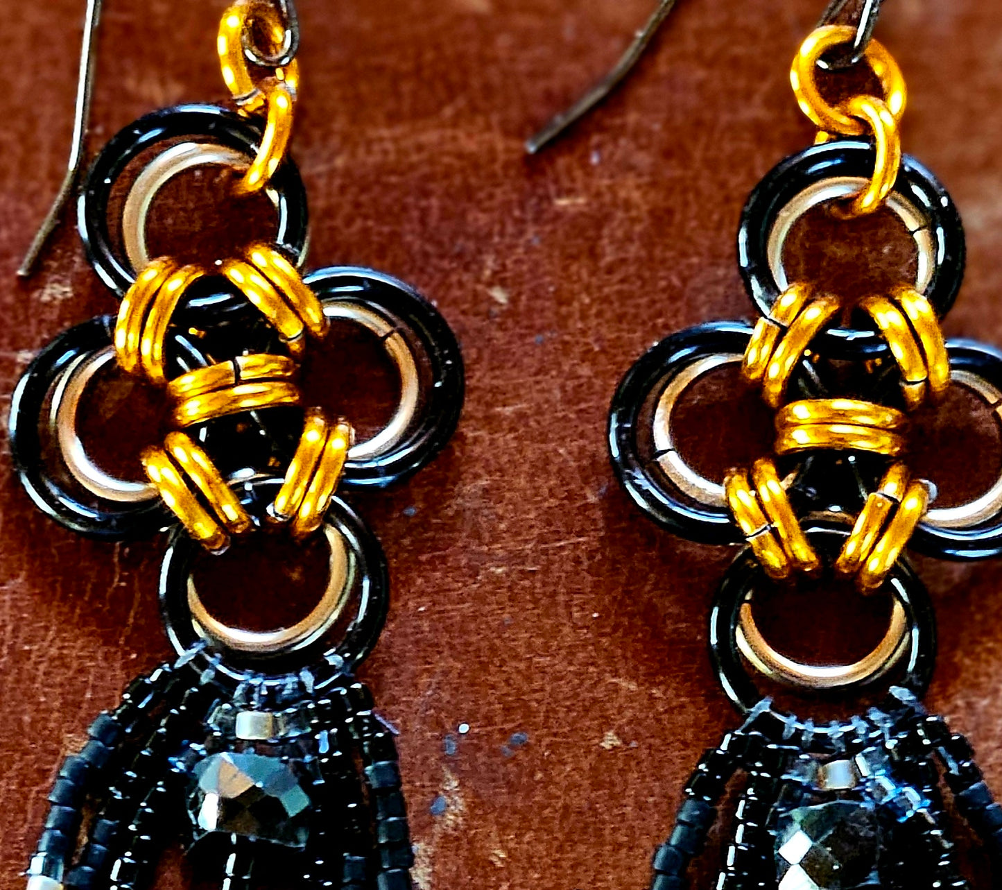 Handcrafted Black Japanese Cross Chain Maille Earrings with Gemstone