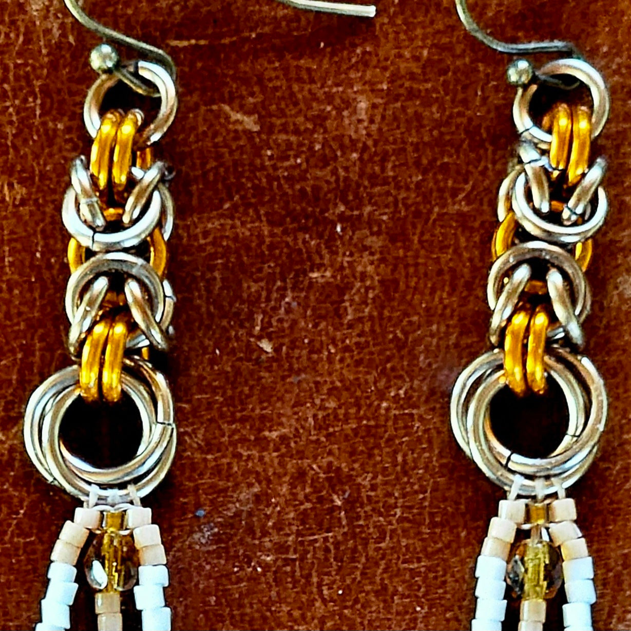 Byzantine Rose Chain Maille earrings with peachy pink glass beads