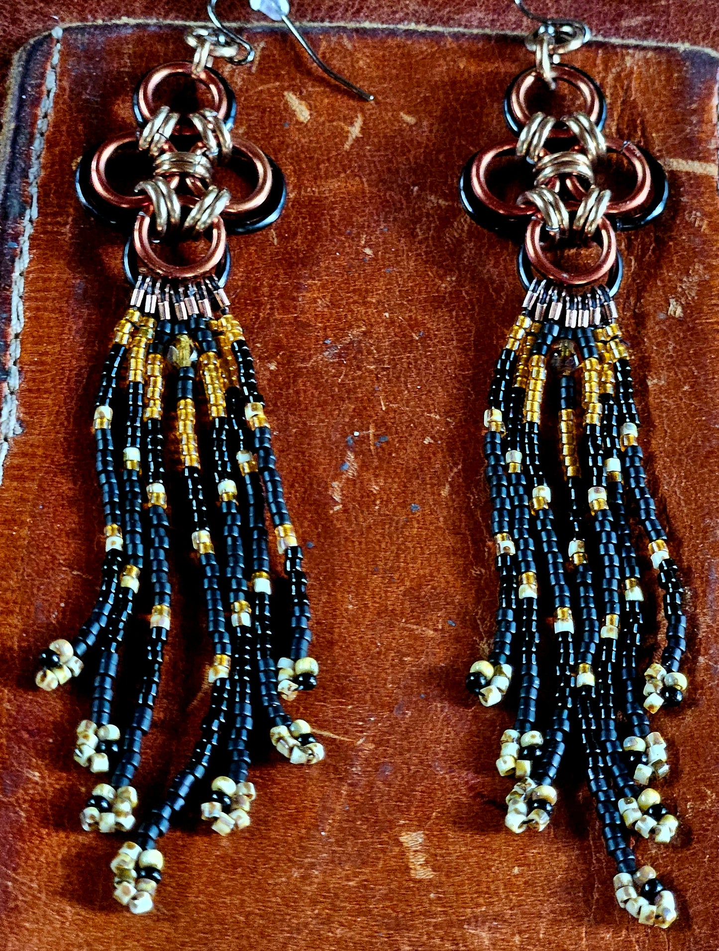 Japanese Miyuki Glass Beaded, Black & Bronze Chain Maille Earrings with wire guardians