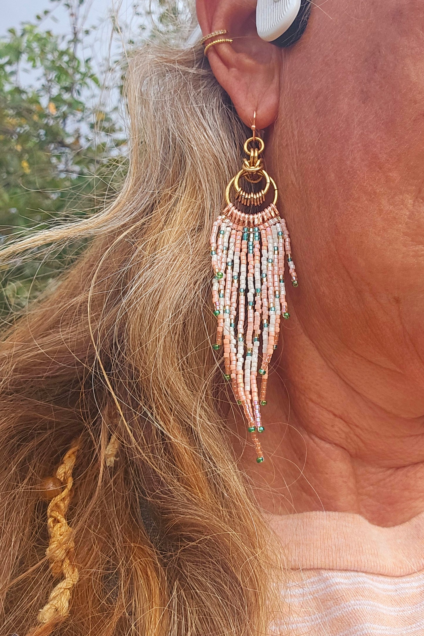 Sweet pink Byzantine Circle Chain Maille Earrings with glass Japanese beads