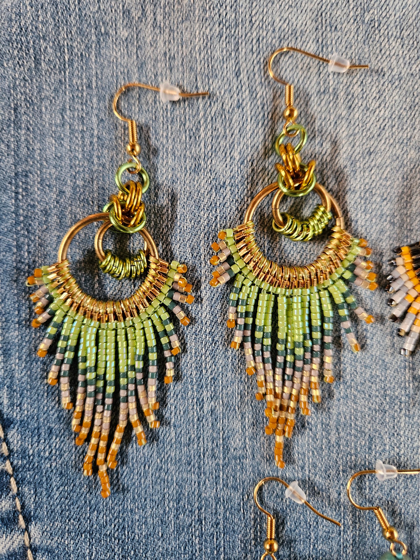 Feather Fringe Earrings with Chartreuse Beads