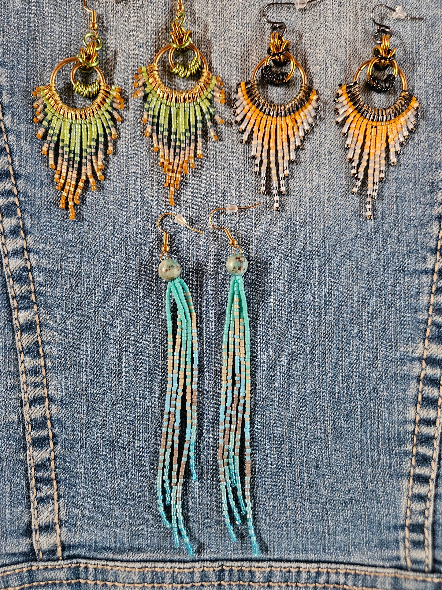 Feather Fringe Earrings with Golden Yellow and Grey