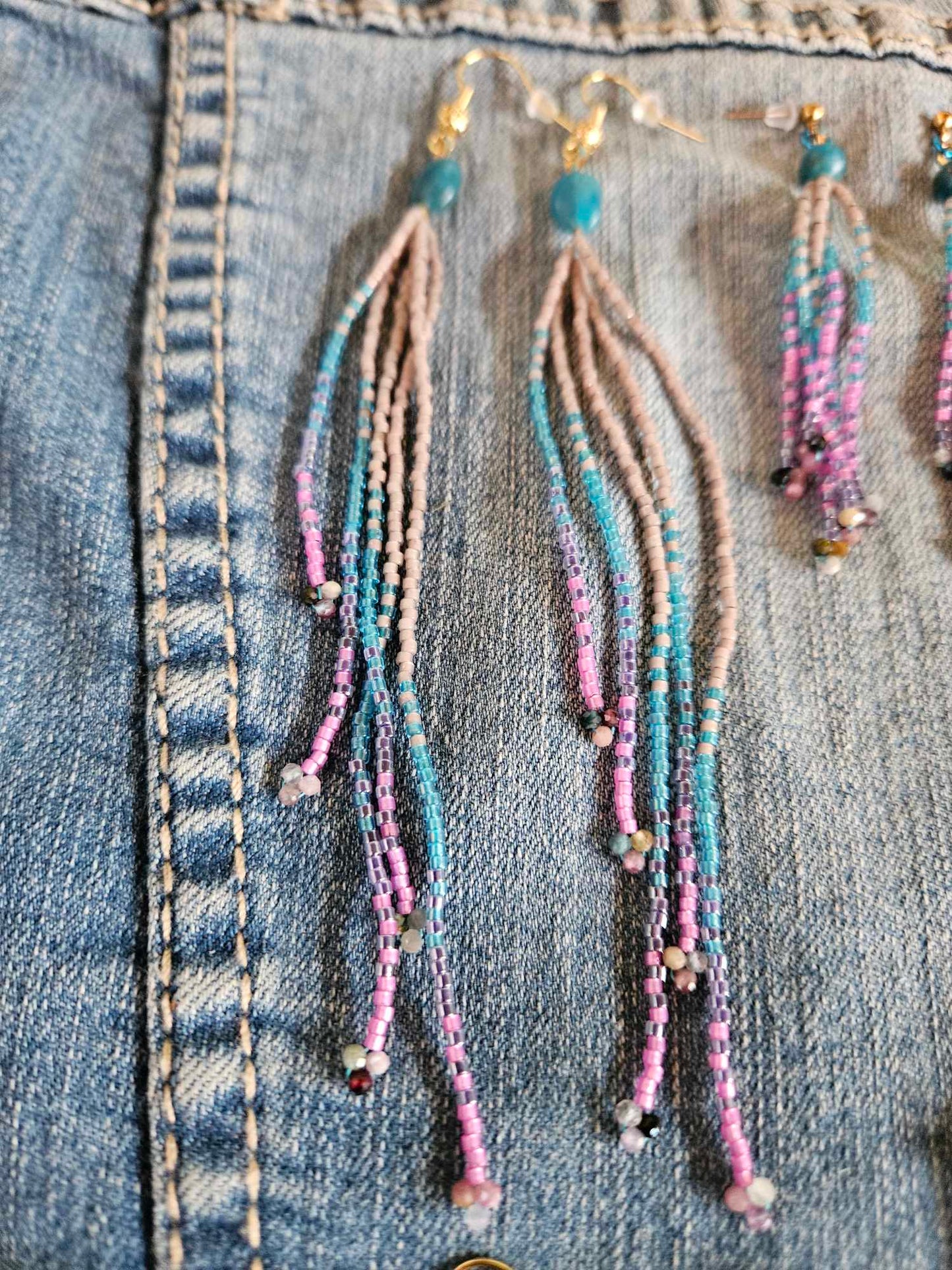 Ice Princess - Long Fringe Beaded Earrings with Gemstones