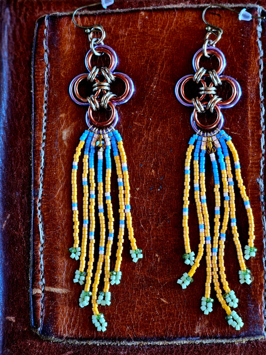 Orange - Japanese Cross Chain Maille and beaded earrings