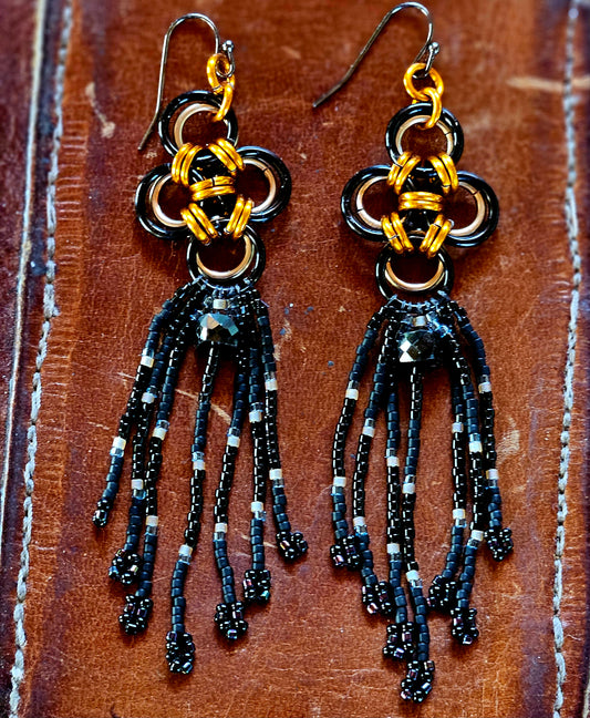 Handcrafted Black Japanese Cross Chain Maille Earrings with Gemstone