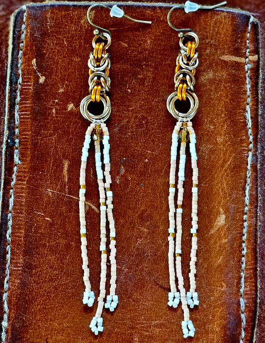 Byzantine Rose Chain Maille earrings with peachy pink glass beads