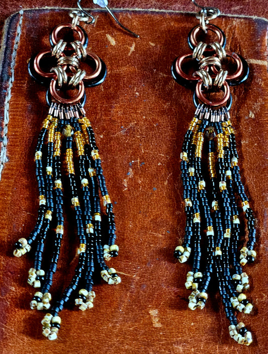 Japanese Miyuki Glass Beaded, Black & Bronze Chain Maille Earrings with wire guardians