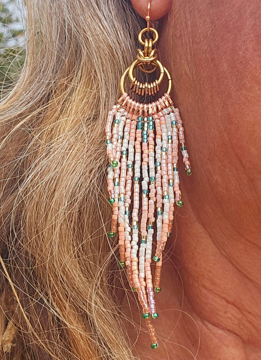 Sweet pink Byzantine Circle Chain Maille Earrings with glass Japanese beads