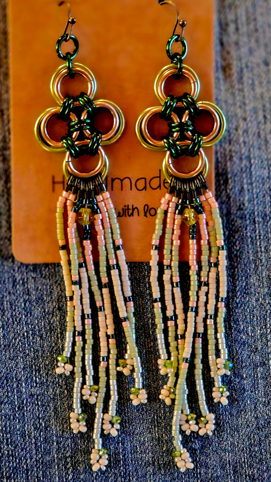 Japanese cross chain maille earrings with soft green and pink beads