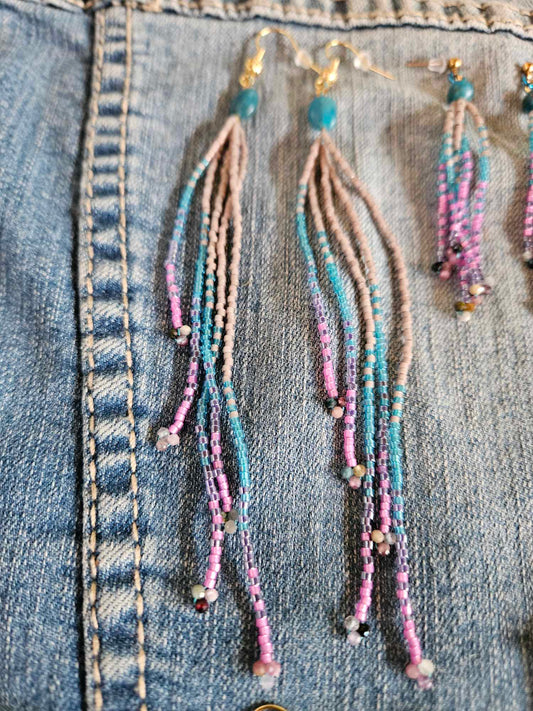 Ice Princess - Long Fringe Beaded Earrings with Gemstones